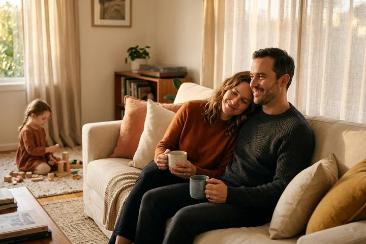 Paar lehnt entspannt zusammen auf dem Sofa, Kind spielt im Hintergrund