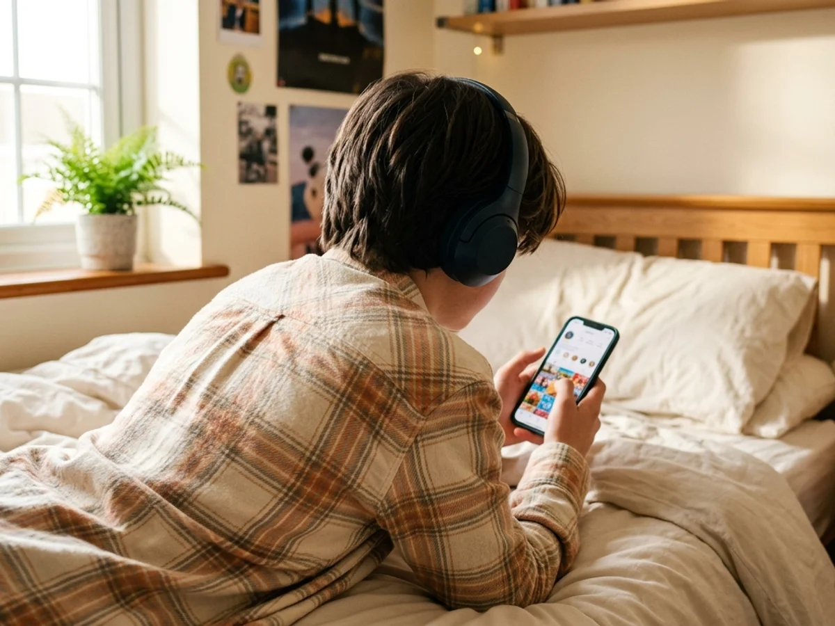 Teenager mit Kopfhörern am Handy auf dem Bett