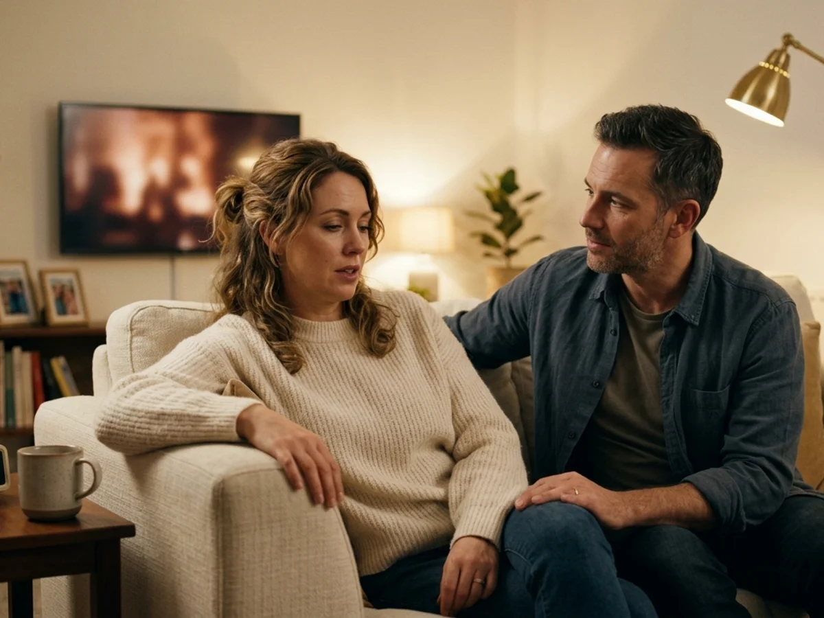 Erschöpftes Paar am Abend auf dem Sofa im Gespräch